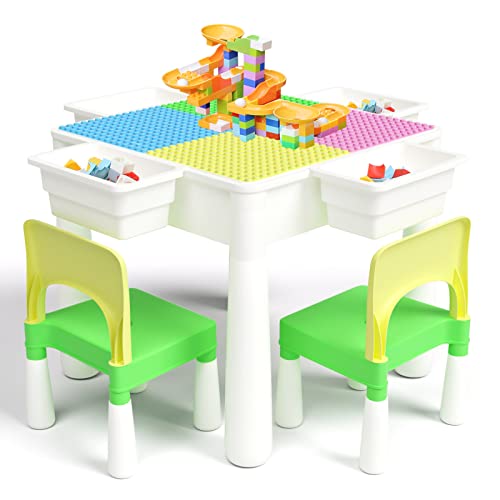 FAYDUDU Juego de Mesa y Silla para niños 5 en 1 Mesa multiactividad con 2 sillas Incluye 120 Bloques de Gran tamaño Juguetes para niños y niñas Juego de Mesa para Jugar y Construir (Verde Rosa)