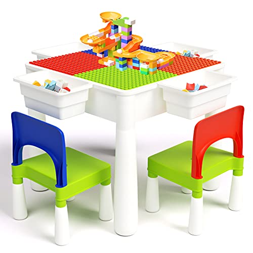 FAYDUDU Juego de Mesa y Silla para niños 5 en 1 Mesa multiactividad con 2 sillas Incluye 120 Bloques de Gran tamaño Juguetes para niños y niñas Juego de Mesa para Jugar y Construir (Azul Rojo)