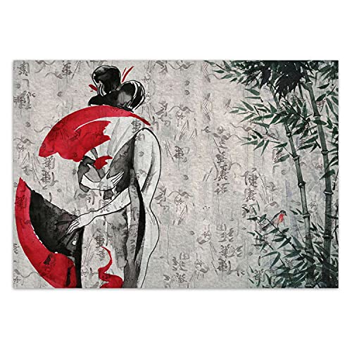 Feeby Papel Pintado Mujer Bambú Textura 350x245 cm Rojo Fotomurales Decoración De Paredes Moderna Casa Oficina Despacho Cuarto De Invitados Kanji Geisha Japón