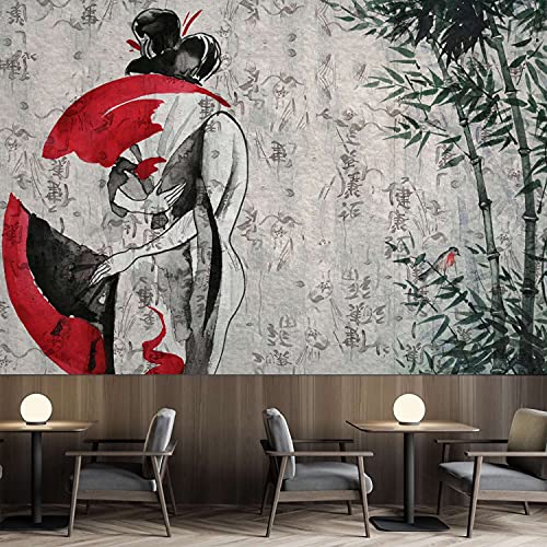 Feeby Papel Pintado Mujer Bambú Textura 350x245 cm Rojo Fotomurales Decoración De Paredes Moderna Casa Oficina Despacho Cuarto De Invitados Kanji Geisha Japón