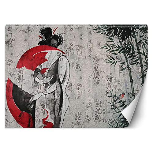 Feeby Papel Pintado Mujer Bambú Textura 350x245 cm Rojo Fotomurales Decoración De Paredes Moderna Casa Oficina Despacho Cuarto De Invitados Kanji Geisha Japón