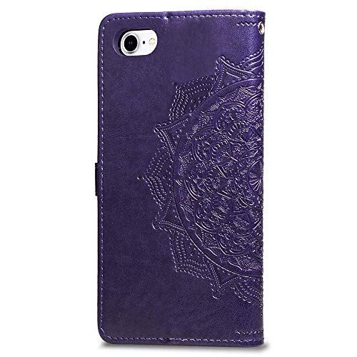 Fertuo Funda para iPhone SE 2020, Carcasa Libro con Tapa de Cuero Piel con Ranuras de Tarjeta, Soporte, Cierre Magnético [Mandala] Flip Case Cover para Apple iPhone SE 2020 / iPhone 8/7, Púrpura