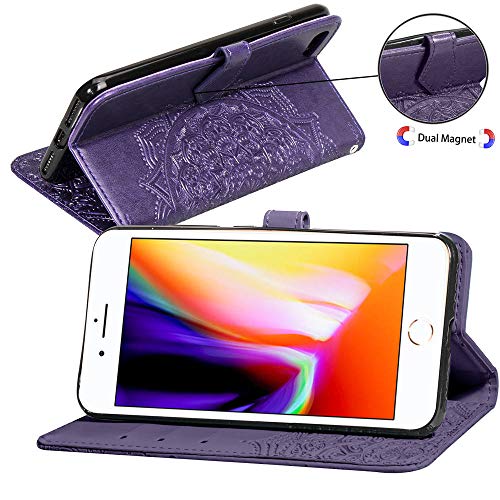 Fertuo Funda para iPhone SE 2020, Carcasa Libro con Tapa de Cuero Piel con Ranuras de Tarjeta, Soporte, Cierre Magnético [Mandala] Flip Case Cover para Apple iPhone SE 2020 / iPhone 8/7, Púrpura
