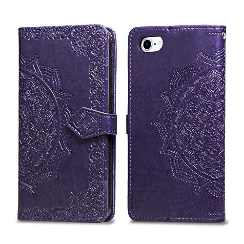 Fertuo Funda para iPhone SE 2020, Carcasa Libro con Tapa de Cuero Piel con Ranuras de Tarjeta, Soporte, Cierre Magnético [Mandala] Flip Case Cover para Apple iPhone SE 2020 / iPhone 8/7, Púrpura