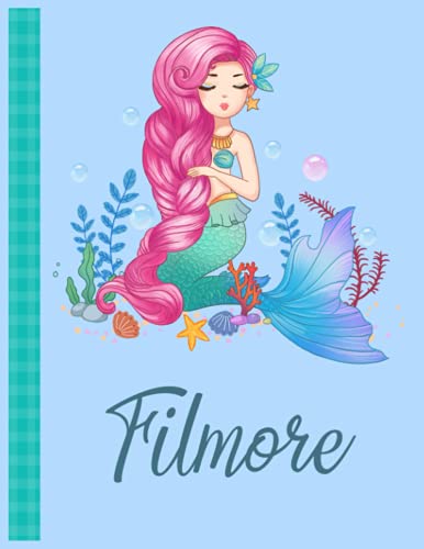 Filmore: Personalized Mermaid Handwriting Notebook Blue Color With Blue Name Large Size 8.5'' x 11'' x 115 Pages White Paper Blank Journal Gifts for Kids - Baby and Students