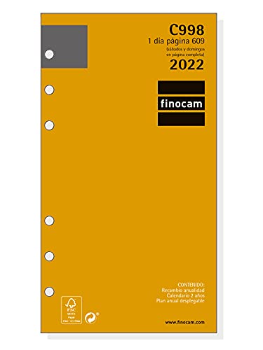 Finocam - Recambio Anual 2022 1 Día Página, de Enero 2022 a Diciembre 2022 (12 meses) 609 - 94x171 mm Classic Español