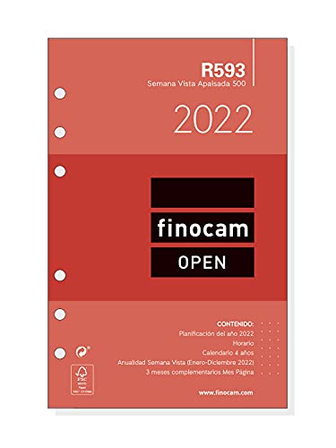 Finocam - Recambio Anual 2022 Semana Vista Apaisada, de Enero 2022 a Diciembre 2022 (12 meses) 500 - 117x181 mm Open Español