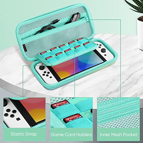 Fintie Funda Portátil Compatible con Nintendo Switch/Switch OLED (2021) - [Antichoque] Estuche de Tela para Viaje con 10 Ranuras y Bolsillo Interno para Joy-con, Azul Verde