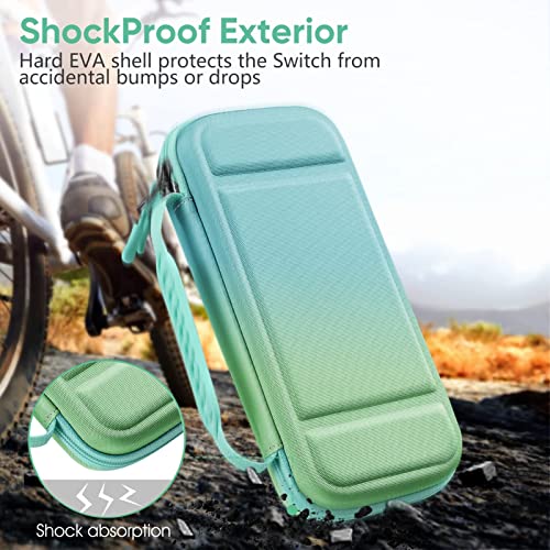 Fintie Funda Portátil Compatible con Nintendo Switch/Switch OLED (2021) - [Antichoque] Estuche de Tela para Viaje con 10 Ranuras y Bolsillo Interno para Joy-con, Azul Verde