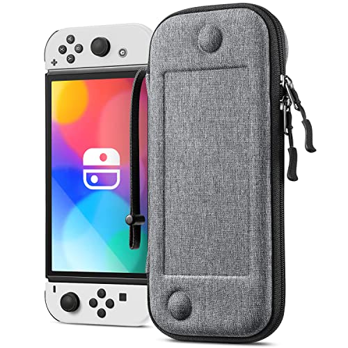 Fintie Funda Portátil Compatible con Nintendo Switch/Switch OLED (2021) - [Súper Fina] Estuche Dura Antichoque con 10 Ranuras para Tarjetas y Correa de Mano para Joy-con, Gris