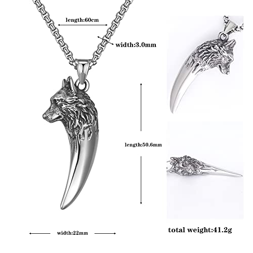 FLQWLL Moda De Los Hombres Cabeza De Lobo Diente Amuleto Acero Inoxidable Collar Colgante con Cadena De 60Cm,Nórdico Mitología Céltico Joyas