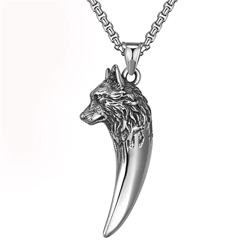 FLQWLL Moda De Los Hombres Cabeza De Lobo Diente Amuleto Acero Inoxidable Collar Colgante con Cadena De 60Cm,Nórdico Mitología Céltico Joyas