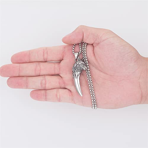 FLQWLL Moda De Los Hombres Cabeza De Lobo Diente Amuleto Acero Inoxidable Collar Colgante con Cadena De 60Cm,Nórdico Mitología Céltico Joyas