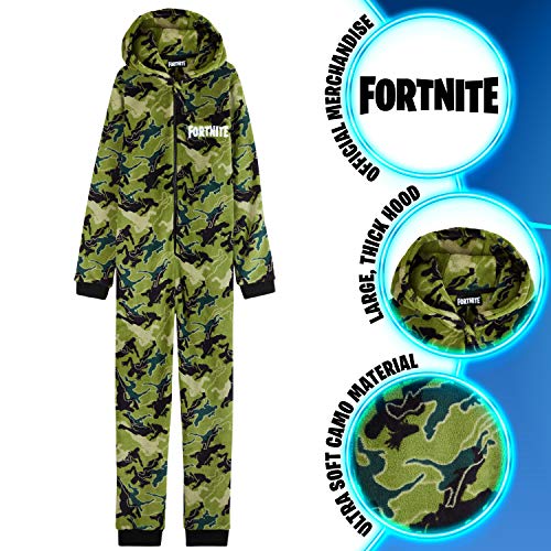 Fortnite Pijama Niño Entero con Capucha, Pijama Mono de Forro Polar, Pijamas Niños Diseño Gamer, Regalos para Niños y Adolescentes 7-14 Años (Camo Verde, 7-8 años, 7_Years)