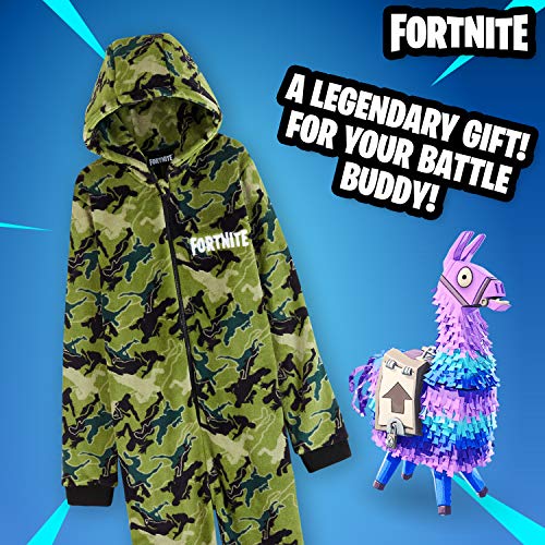 Fortnite Pijama Niño Entero con Capucha, Pijama Mono de Forro Polar, Pijamas Niños Diseño Gamer, Regalos para Niños y Adolescentes 7-14 Años (Camo Verde, 7-8 años, 7_Years)