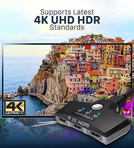 Fosmon 3-Puerto Conmutador HDMI 4K 30Hz, 3x1 Switch HDMI Automático Selector Switcher UHD HDR 3D Full HD 1080p 60Hz HDCP, 3 entradas 1 Salida Divisor HDMI Splitter para HDTV PS4 Xbox Roku Apple TV PC