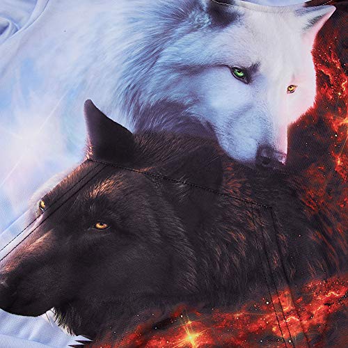 Freshhoodies Niños Sudaderas con Capucha 3D Lobo Colorida Gráfico Divertido Manga Larga Galaxia Pull-Over Unisexo Suéter Deporte Capucha Blanco Rojo 13-16 Años (XXXL)