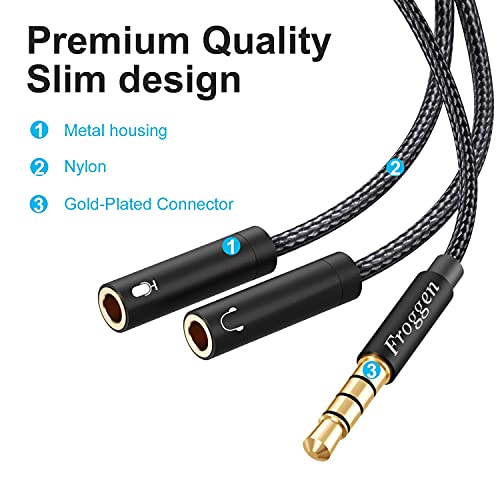 Froggen Adaptador Jack Micro y Auriculares, Cable Splitter Divisor Micrófono y Audio Jack 3.5mm Macho a 2 Hembra Adaptador de Auriculares para Gaming Headset,PS4,Xbox One,Laptop,Teléfonos,PC(35cm)