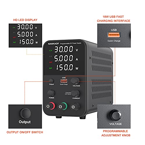 Fuente de alimentación DC (0-30V,0-5A) ajustable, fuente de alimentación conmutada, mini pantalla de 4 dígitos de alta precisión, fuente de alimentación variable para mesa de laboratorio