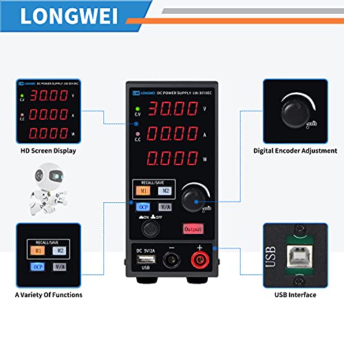 Fuentes de Alimentacion Regulables de Conmutación Ajustable 30V / 10A Variable con Pantalla LED de 4 dígitos/Almacenamiento con software para PC e interfaz 5V/2A USB