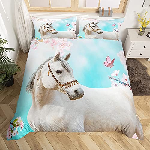 Funda de edredón suave y cómoda, con estampado de caballo blanco, funda de edredón con temática de animales salvajes, funda de edredón de microfibra de fácil cuidado (King 240 x 220 cm)