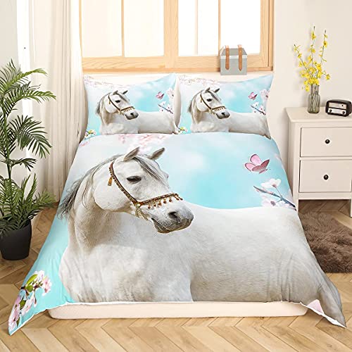 Funda de edredón suave y cómoda, con estampado de caballo blanco, funda de edredón con temática de animales salvajes, funda de edredón de microfibra de fácil cuidado (King 240 x 220 cm)