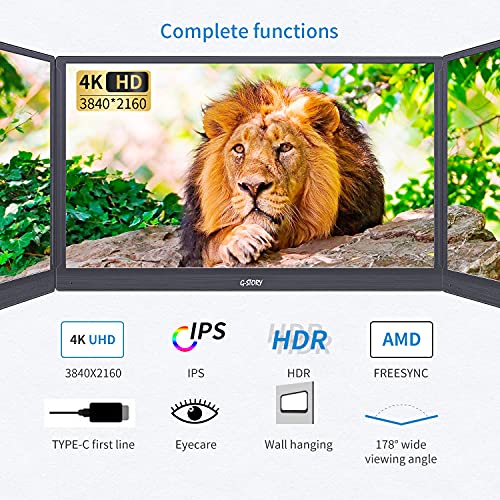 G-STORY Monitor portátil 4K, monitor portátil de 15,6 pulgadas, pantalla IPS de monitor de juegos portátil 4K, monitor de viaje USB C con HDR FreeSync para portátil PS5 PS4 NS, compatible con VESA