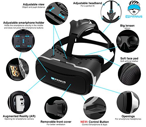 Gafas VR VR-PRIMUS VX3 para Smartphones. Compatible con p ej iPhone, Samsung Galaxy, HTC, Sony, LG,Huawei. Ajustable,Google Cardboard QR,Botón de Control,Augmented Reality. VR Box, shinecon, Glasses