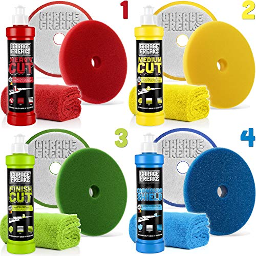 Garage Freaks Liquid Elements T3000 V3 - Kit de pulido excéntrico + cinta adhesiva 3M de 18 mm + 4 abrillantadores de 250 ml + 4 almohadillas de 150 mm + 4 paños de microfibra