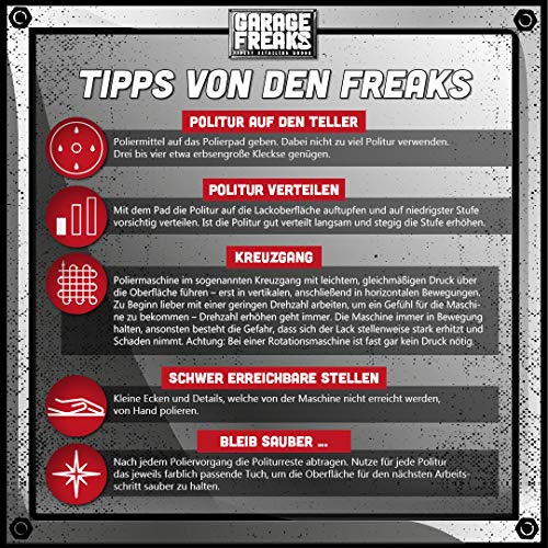 Garage Freaks Liquid Elements T3000 V3 - Kit de pulido excéntrico + cinta adhesiva 3M de 18 mm + 4 abrillantadores de 250 ml + 4 almohadillas de 150 mm + 4 paños de microfibra
