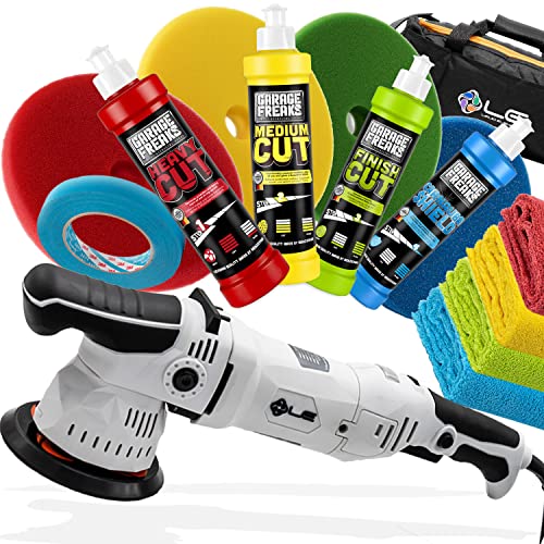 Garage Freaks Liquid Elements T3000 V3 - Kit de pulido excéntrico + cinta adhesiva 3M de 18 mm + 4 abrillantadores de 250 ml + 4 almohadillas de 150 mm + 4 paños de microfibra
