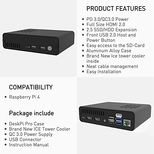 GeeekPi Raspberry Pi 4 DeskPi Pro V2 Set-Top Box Kit - Soporte SSD de tamaño Completo, Fuente de alimentación, Cable HDMI, Tarjeta SD de 32 GB (8 GB)