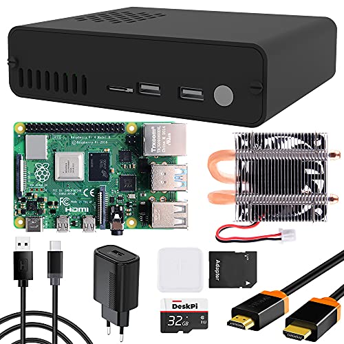 GeeekPi Raspberry Pi 4 DeskPi Pro V2 Set-Top Box Kit - Soporte SSD de tamaño Completo, Fuente de alimentación, Cable HDMI, Tarjeta SD de 32 GB (8 GB)