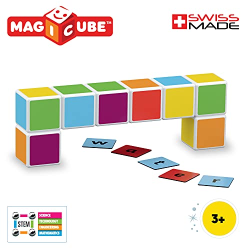 Geomag Magicube Word Building 084 - 16 cubos magnéticos y 63 clips magnético - Construcciones magnéticas y juegos educativos, Multicolor, 79 piezas