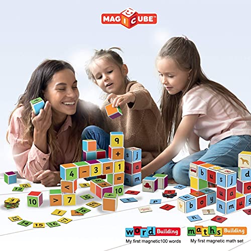 Geomag Magicube Word Building 084 - 16 cubos magnéticos y 63 clips magnético - Construcciones magnéticas y juegos educativos, Multicolor, 79 piezas