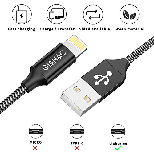 GIANAC Cable Cargador iPhone, [3pack 0.5M 1M 2M] MFI Cable Lightning Carga Rápida Trenzado de Nylon Cargador iPhone Compatible con Apple iPhone 11 XS MAX XR X 8 Plus 7 Plus 6S 6 Plus 5 5S 5C SE