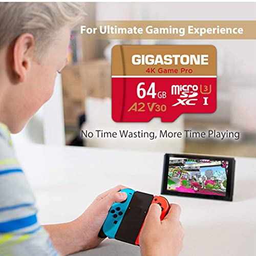 Gigastone Tarjeta Micro SD 64GB, Pack de 2, 4K Game Pro para Nintendo-Switch, GoPro, Cámara de Seguridad, Drone, UHD Video, 95/35MB/s, UHS -I U3 A2 V30 C10