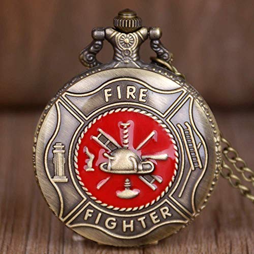 GJJSZ Reloj de Bolsillo Top Brand Red Fire Quartz Relojes de Bolsillo Vintage Bronce Fire Fighter Pocket Watches Unisex Colgante Collar de Regalo para Hombres Mujeres