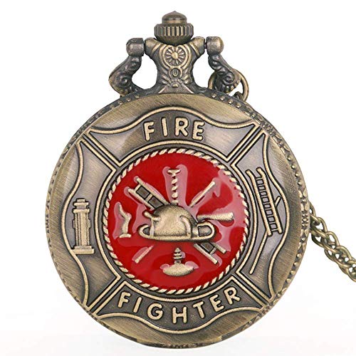 GJJSZ Reloj de Bolsillo Top Brand Red Fire Quartz Relojes de Bolsillo Vintage Bronce Fire Fighter Pocket Watches Unisex Colgante Collar de Regalo para Hombres Mujeres