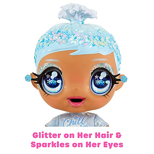 Glitter Babyz Muñeca January Snowflake - Con 3 cambios de color mágicos, pelo azul y vestido de invierno - Incluye pañal, biberón y chupete reutilizables - Para coleccionar - Edad: 3+ años