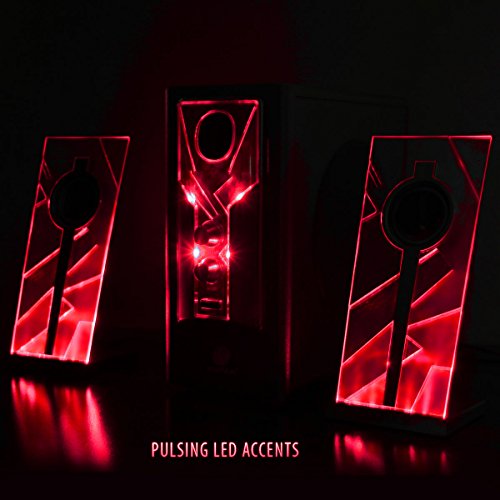 GOgroove BassPULSE 2.1 Altavoces PC Gaming con Luces LED y Subwoofer Activo - Sistema de Altavoces para Juegos en Computadoras de Escritorio, Portátiles, PC 40 Vatios, Graves Pesados ​​- Rojo