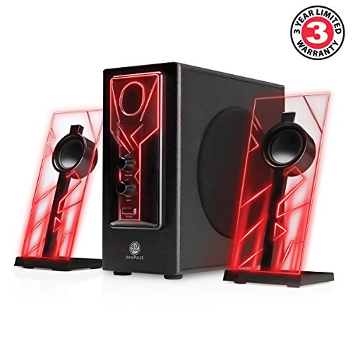 GOgroove BassPULSE 2.1 Altavoces PC Gaming con Luces LED y Subwoofer Activo - Sistema de Altavoces para Juegos en Computadoras de Escritorio, Portátiles, PC 40 Vatios, Graves Pesados ​​- Rojo