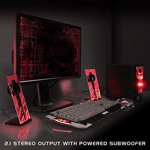 GOgroove BassPULSE 2.1 Altavoces PC Gaming con Luces LED y Subwoofer Activo - Sistema de Altavoces para Juegos en Computadoras de Escritorio, Portátiles, PC 40 Vatios, Graves Pesados ​​- Rojo