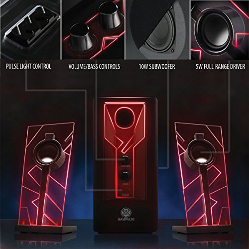 GOgroove BassPULSE 2.1 Altavoces PC Gaming con Luces LED y Subwoofer Activo - Sistema de Altavoces para Juegos en Computadoras de Escritorio, Portátiles, PC 40 Vatios, Graves Pesados ​​- Rojo