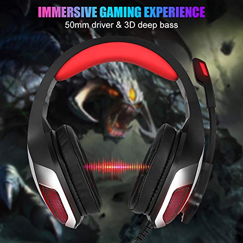 Goigrn Cascos Gaming para PS4 Xbox One, Cascos con Microfono Cancelacion de Ruido, Diadema Ajustable, Controladores de 50mm y Luz LED, Auriculares Gaming Stereo para PC/Tableta/Mac
