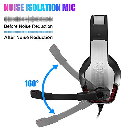 Goigrn Cascos Gaming para PS4 Xbox One, Cascos con Microfono Cancelacion de Ruido, Diadema Ajustable, Controladores de 50mm y Luz LED, Auriculares Gaming Stereo para PC/Tableta/Mac