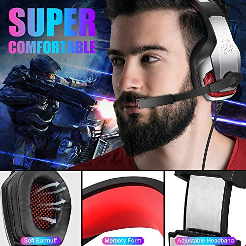 Goigrn Cascos Gaming para PS4 Xbox One, Cascos con Microfono Cancelacion de Ruido, Diadema Ajustable, Controladores de 50mm y Luz LED, Auriculares Gaming Stereo para PC/Tableta/Mac
