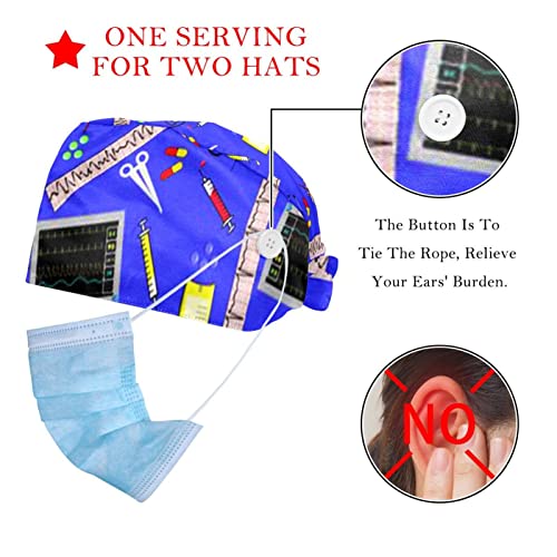 Gorra de trabajo con botón y banda para el sudor ajustable 2 piezas,Hospital Nurse Theme Royal Blue,Sombrero con lazo elástico estampado en la espalda