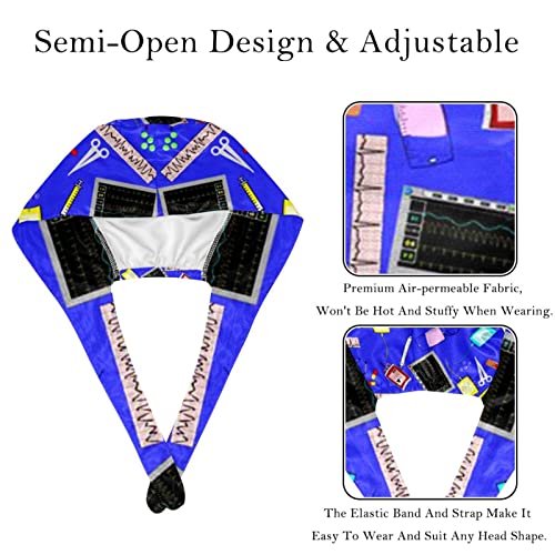 Gorra de trabajo con botón y banda para el sudor ajustable 2 piezas,Hospital Nurse Theme Royal Blue,Sombrero con lazo elástico estampado en la espalda