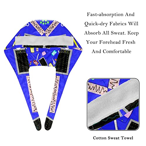 Gorra de trabajo con botón y banda para el sudor ajustable 2 piezas,Hospital Nurse Theme Royal Blue,Sombrero con lazo elástico estampado en la espalda